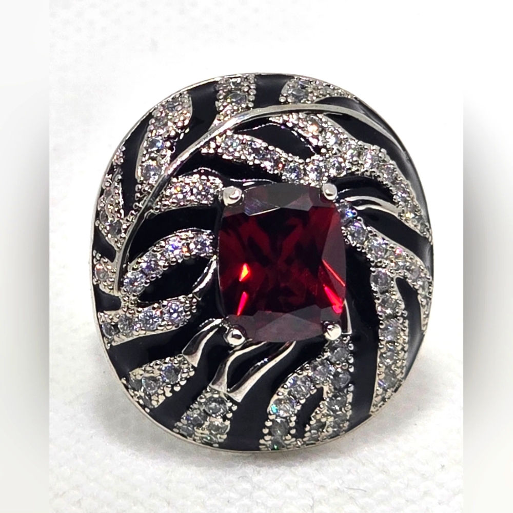 Red & Black Enamel, Clear Czs Silver Zebra Design Ring